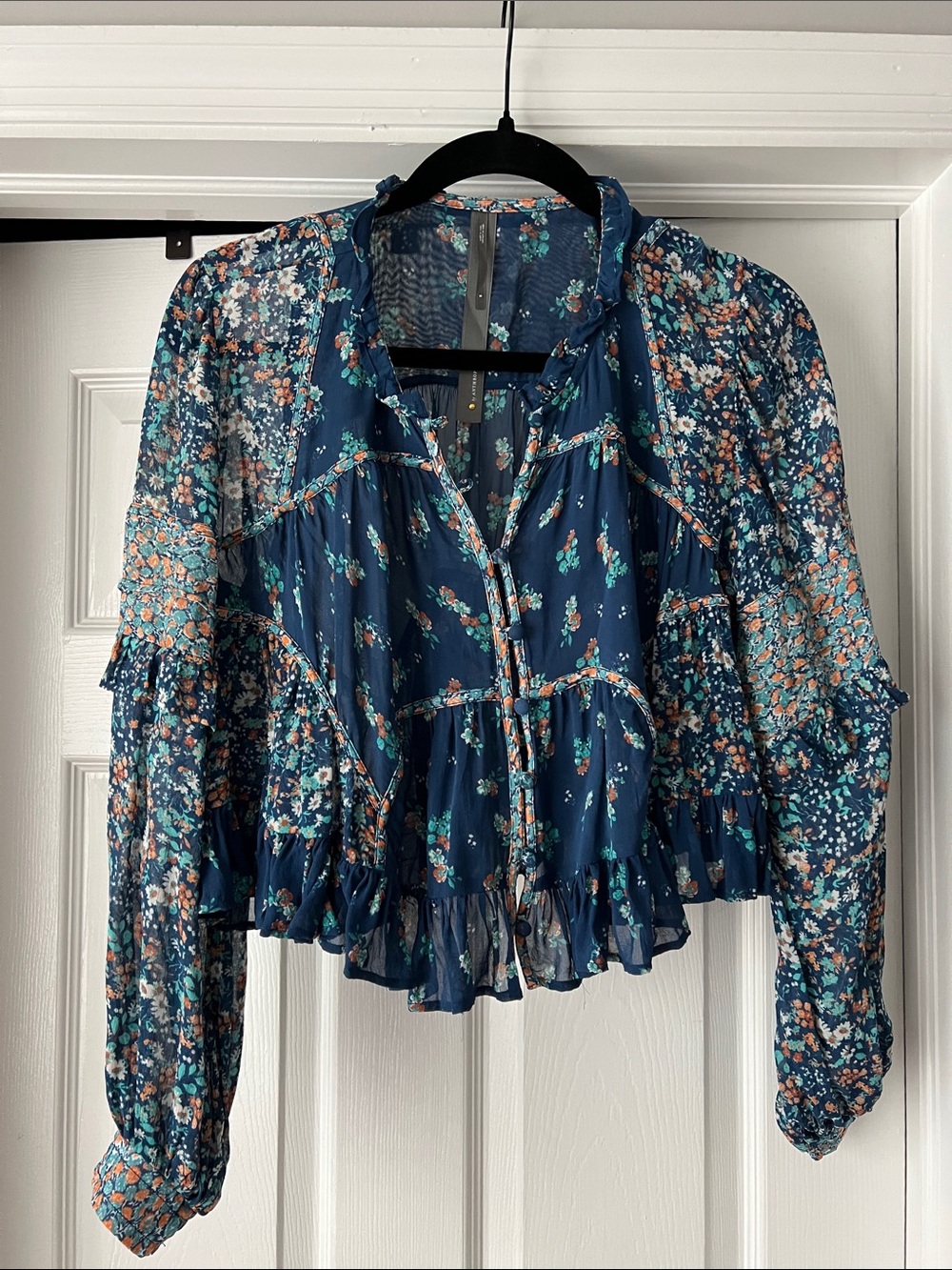 Anthropologie Navy Floral Ruffled Peasant Blouse